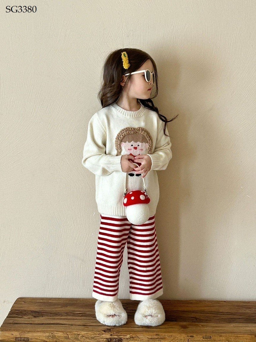 WHITE SWEATER AND RED STRIP PANTS SET