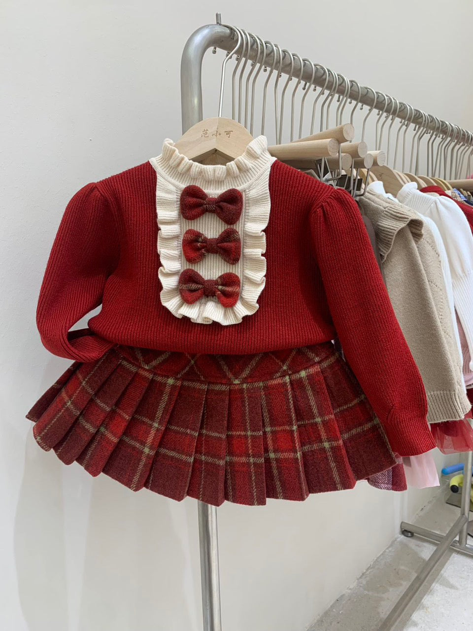 RED WOOLEN TOP WITH SKIRT SET