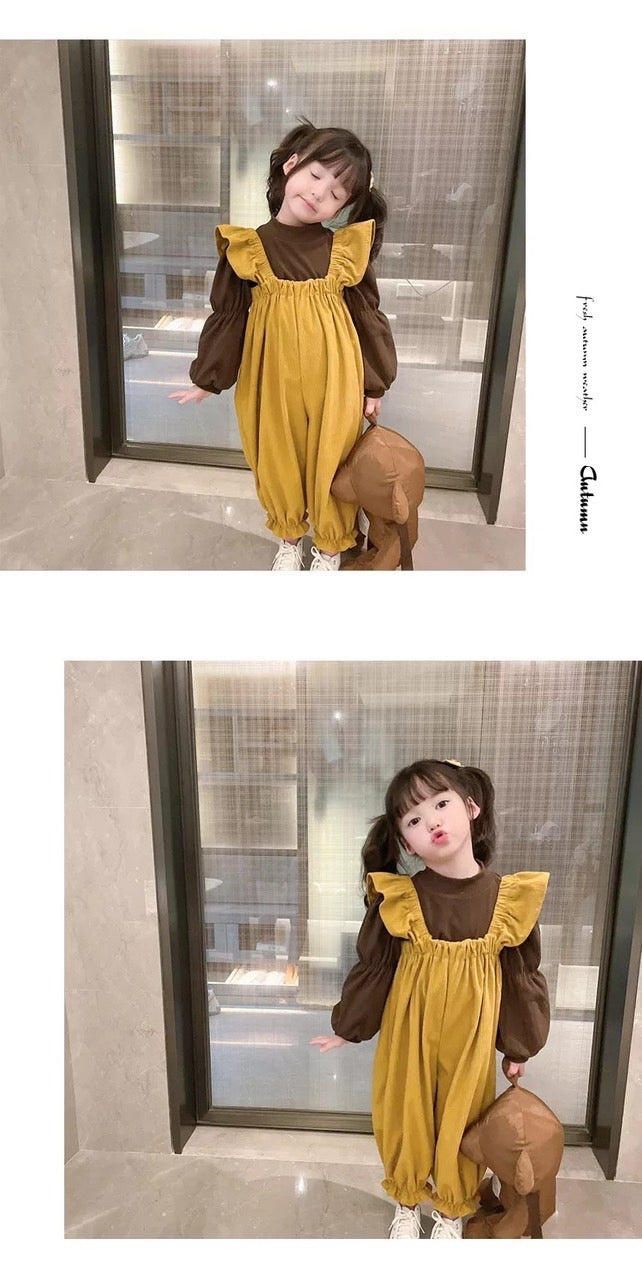 BROWN TOP AND YELLOW OVERALL SET