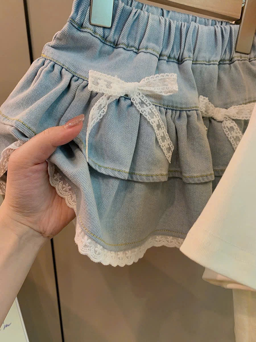 CUTE DOT TEE WITH BLUE JEAN SKIRT SET