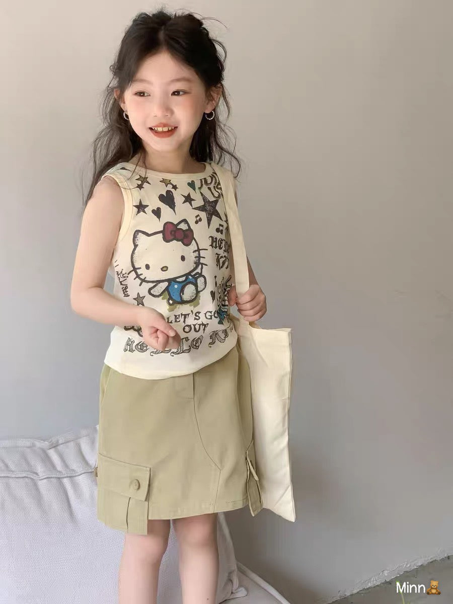 CUTE CAT TOP AND KHAKI SKIRT SET