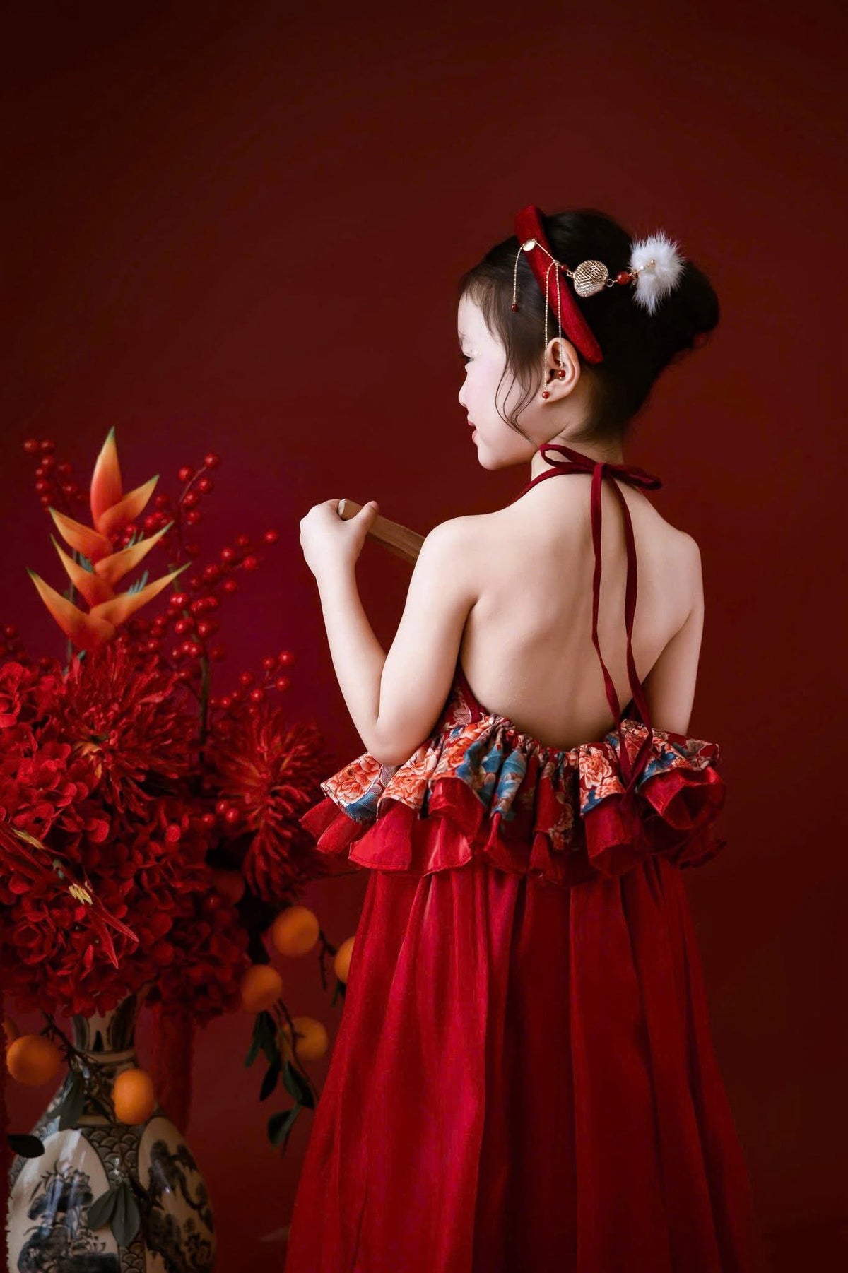 Girls Red Floral Ao Yem Set, Kids Vietnamese Traditional Halter Top & Long Skirt Outfit, Baby Girl Tet Dress, Lunar New Year Festival Costume