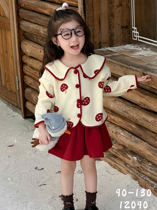 MUSHROOM CARDIGAN WITH RED SKIRT SET