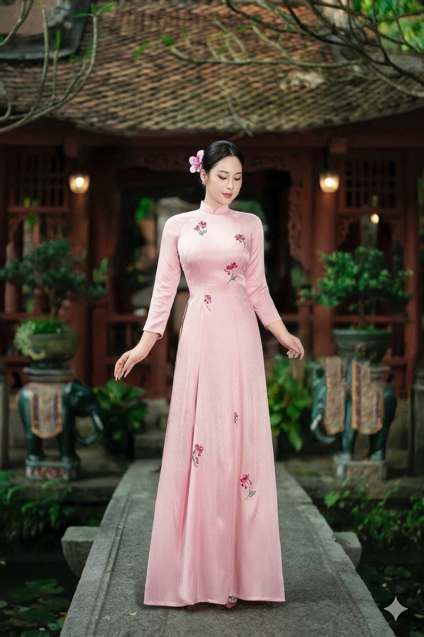 Floral Embroidery Ao Dai, Pink Long Dress for Women, Traditional Ao Dai with pants for Lunar New Year Wedding Guest Dress