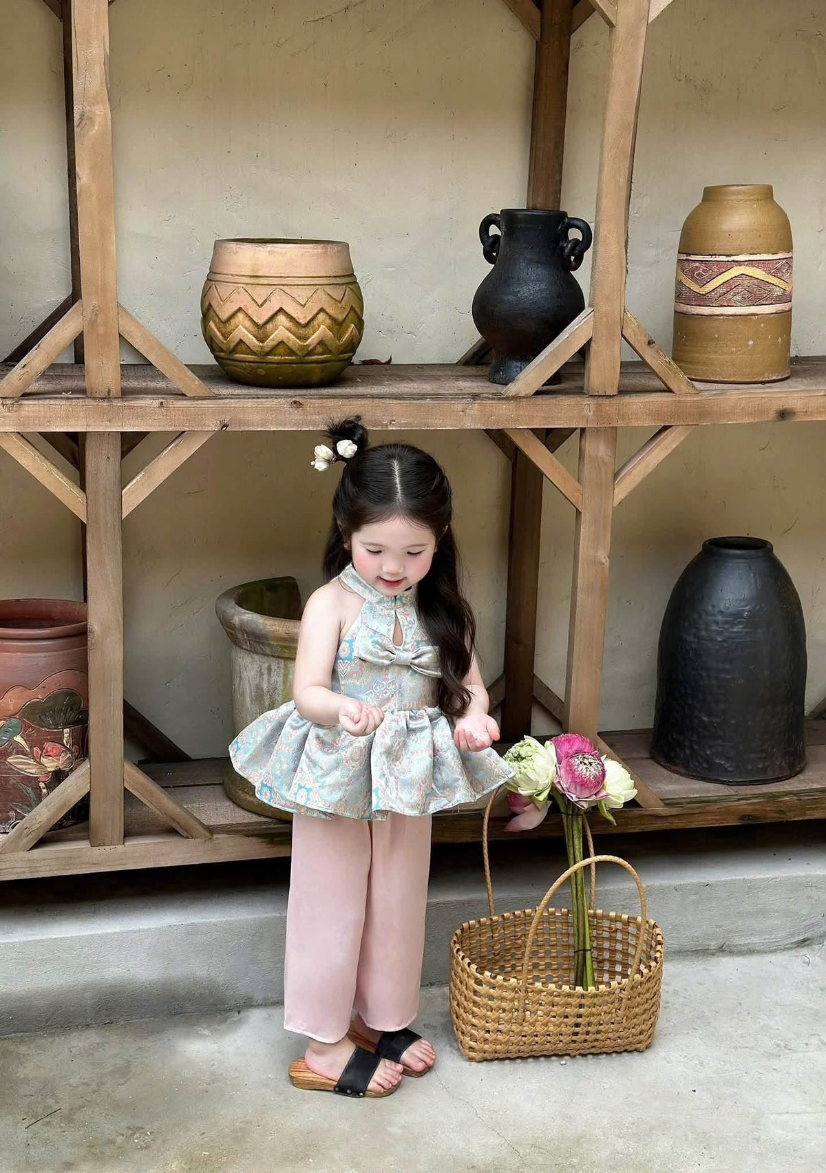 Girls Traditional Vietnamese Ao Yem Set, Kids Brocade Halter Top & Silk Pants, Baby Girl Tet Dress Outfit, Mid-Autumn Lunar New Year Costume