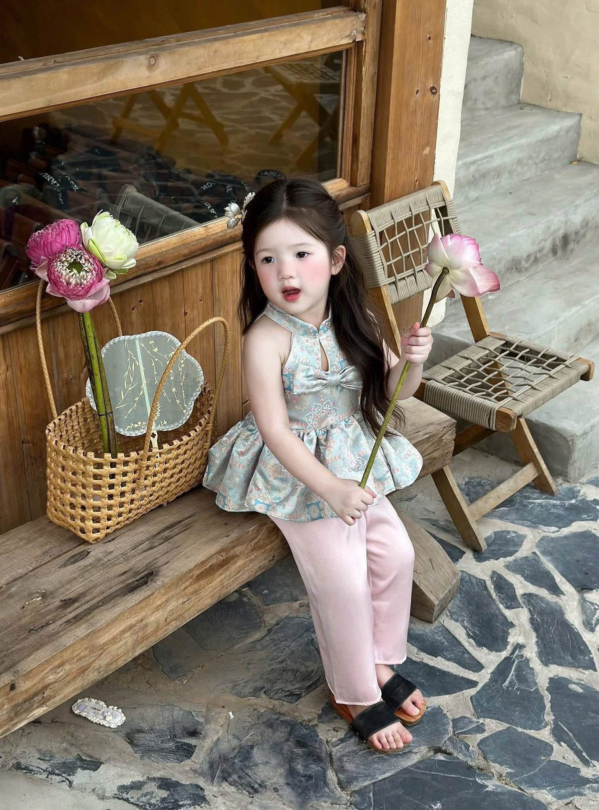 Girls Traditional Vietnamese Ao Yem Set, Kids Brocade Halter Top & Silk Pants, Baby Girl Tet Dress Outfit, Mid-Autumn Lunar New Year Costume