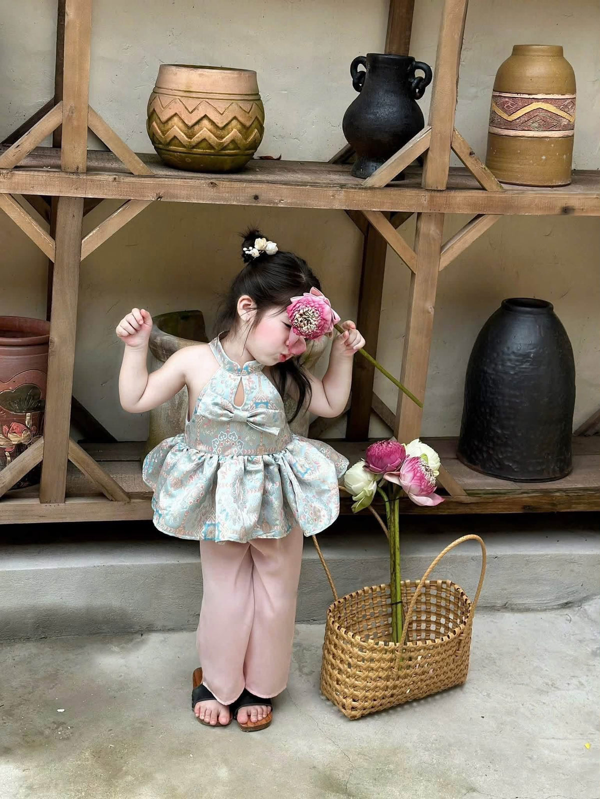 Girls Traditional Vietnamese Ao Yem Set, Kids Brocade Halter Top & Silk Pants, Baby Girl Tet Dress Outfit, Mid-Autumn Lunar New Year Costume