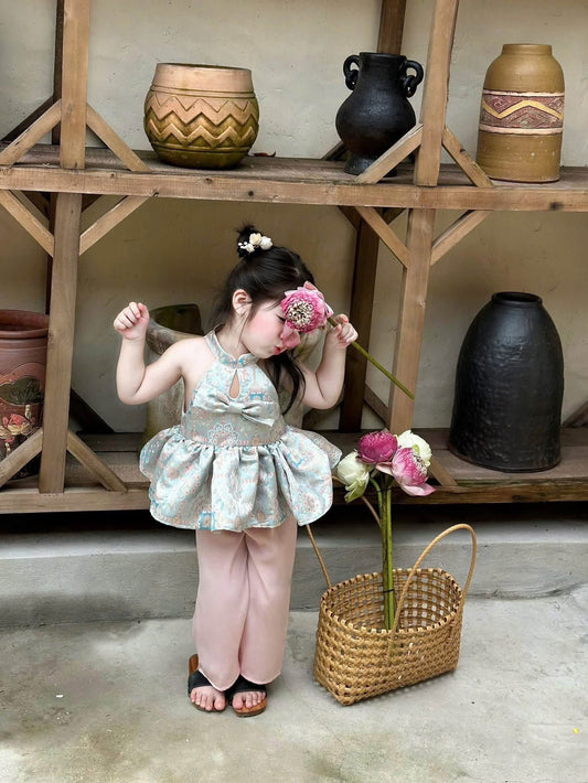 Girls Traditional Vietnamese Ao Yem Set, Kids Brocade Halter Top & Silk Pants, Baby Girl Tet Dress Outfit, Mid-Autumn Lunar New Year Costume