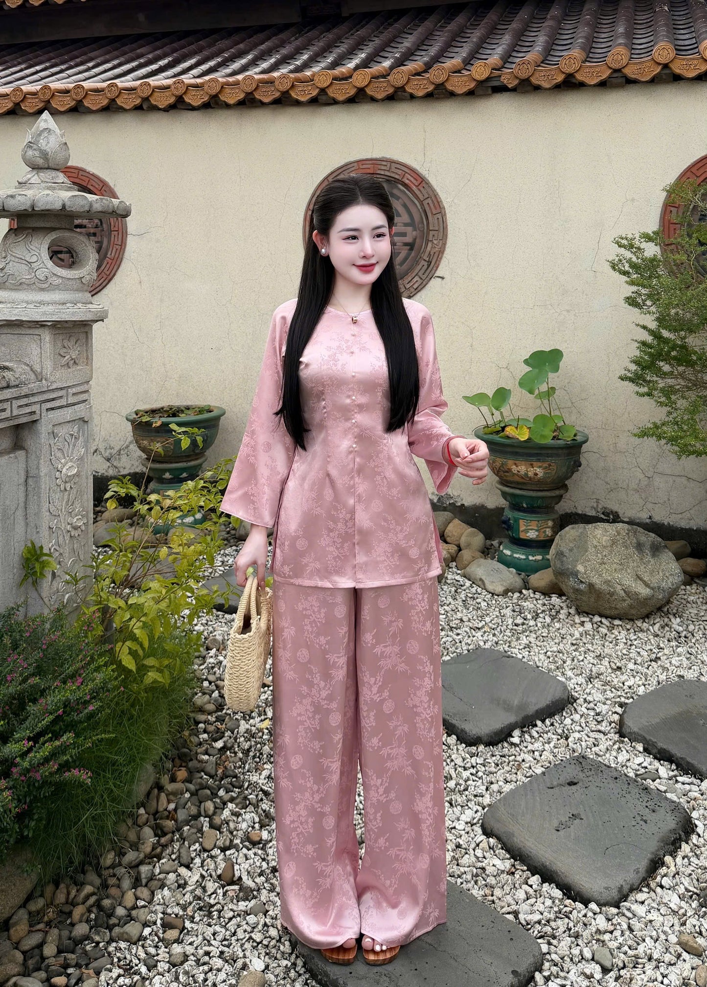 Pink Silk Áo Bà Ba Set | Traditional Vietnamese Two-Piece Outfit with Silk Trousers