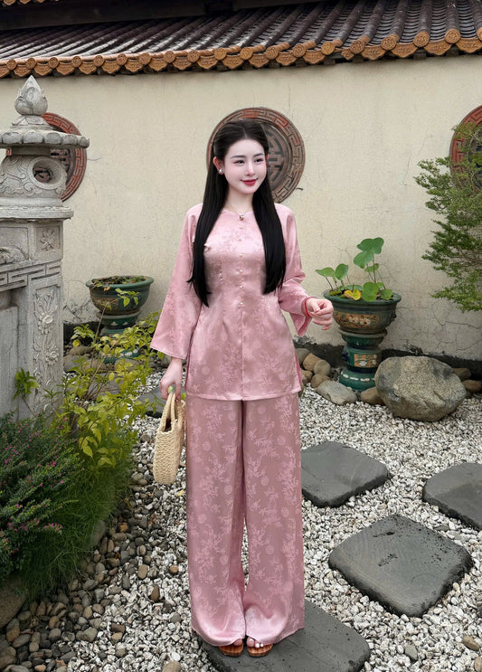 Pink Silk Áo Bà Ba Set | Traditional Vietnamese Two-Piece Outfit with Silk Trousers