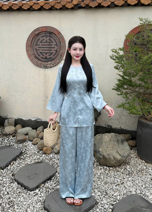 Blue Áo Bà Ba Set | Traditional Vietnamese Two-Piece Outfit with Silk Trousers