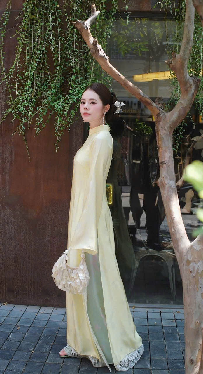 Pastel Yellow Ao Dai with Floral Lace Overlay - Elegant Modern Vietnamese Traditional Dress with pants