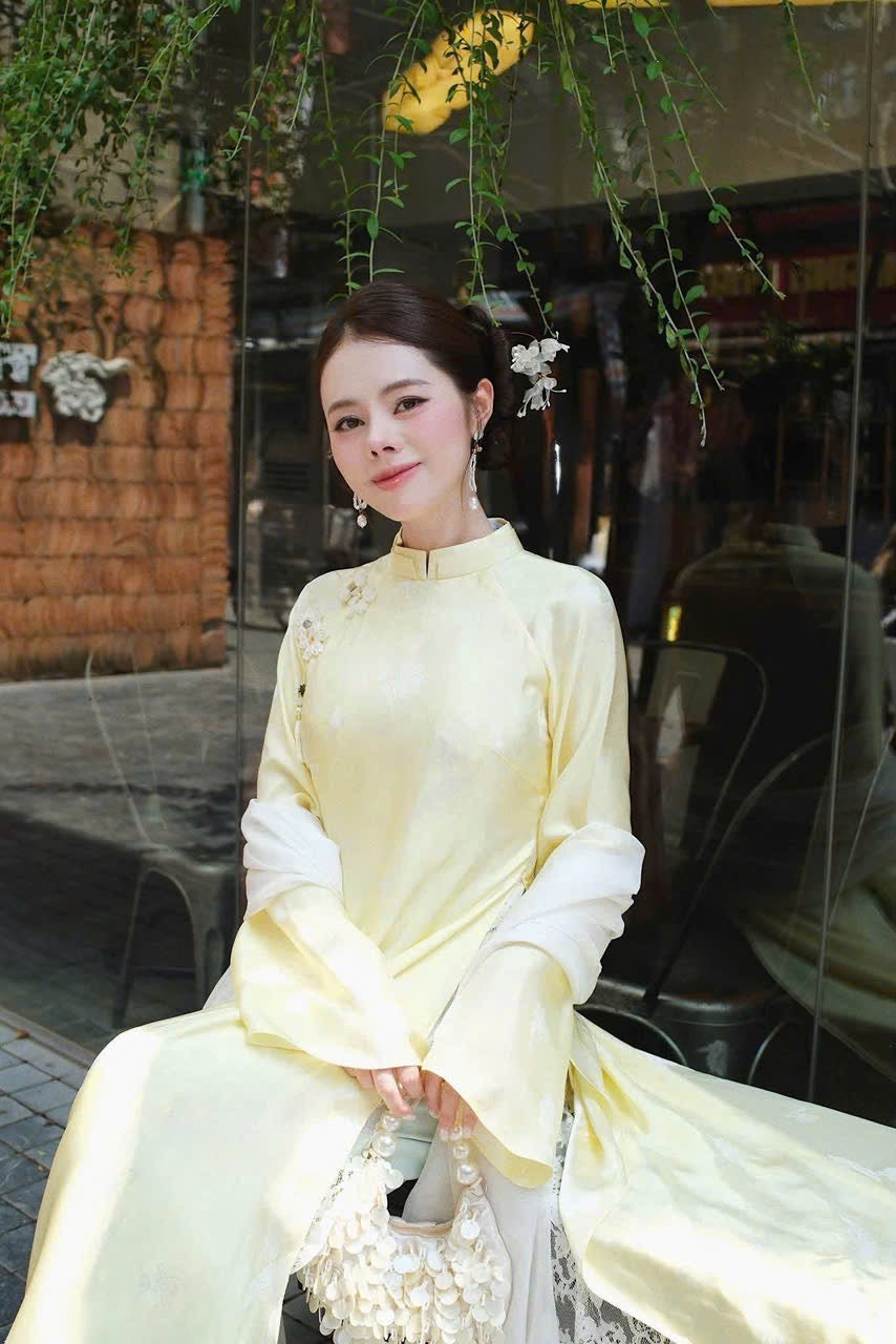 Pastel Yellow Ao Dai with Floral Lace Overlay - Elegant Modern Vietnamese Traditional Dress with pants