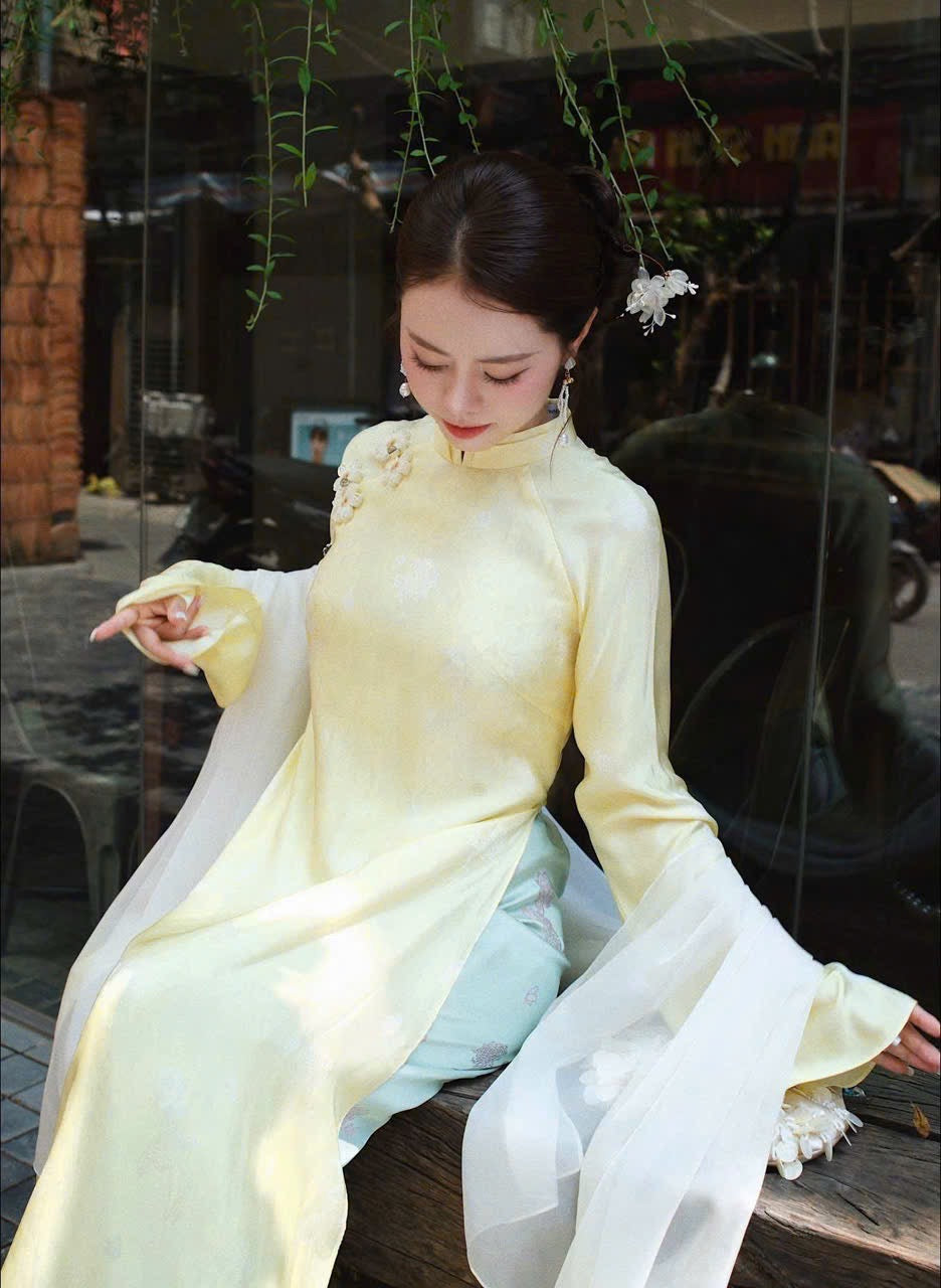 Pastel Yellow Ao Dai with Floral Lace Overlay - Elegant Modern Vietnamese Traditional Dress with pants