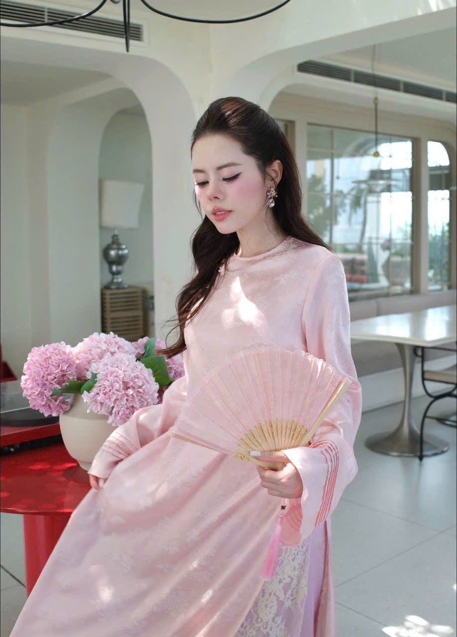 Pastel Pink Jacquard Ao Dai with Delicate Floral Lace Inner Layer - Modern Vietnamese Traditional Dress - Lunar New Year outfit