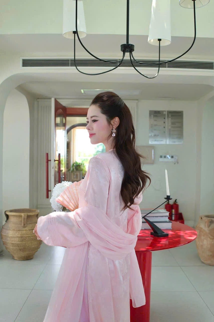 Pastel Pink Jacquard Ao Dai with Delicate Floral Lace Inner Layer - Modern Vietnamese Traditional Dress - Lunar New Year outfit