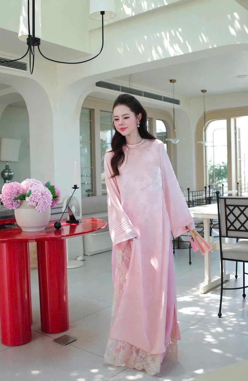 Pastel Pink Jacquard Ao Dai with Delicate Floral Lace Inner Layer - Modern Vietnamese Traditional Dress - Lunar New Year outfit