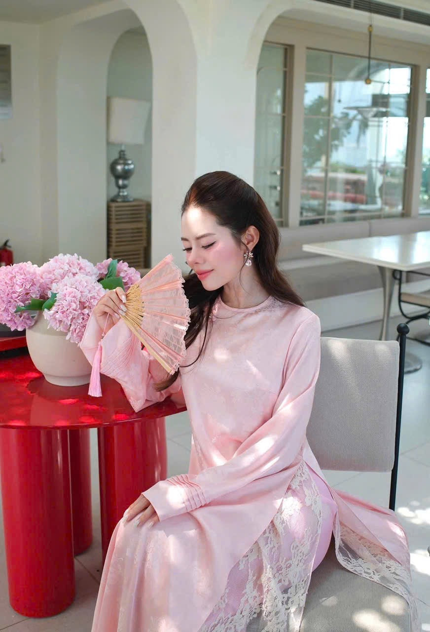 Pastel Pink Jacquard Ao Dai with Delicate Floral Lace Inner Layer - Modern Vietnamese Traditional Dress - Lunar New Year outfit