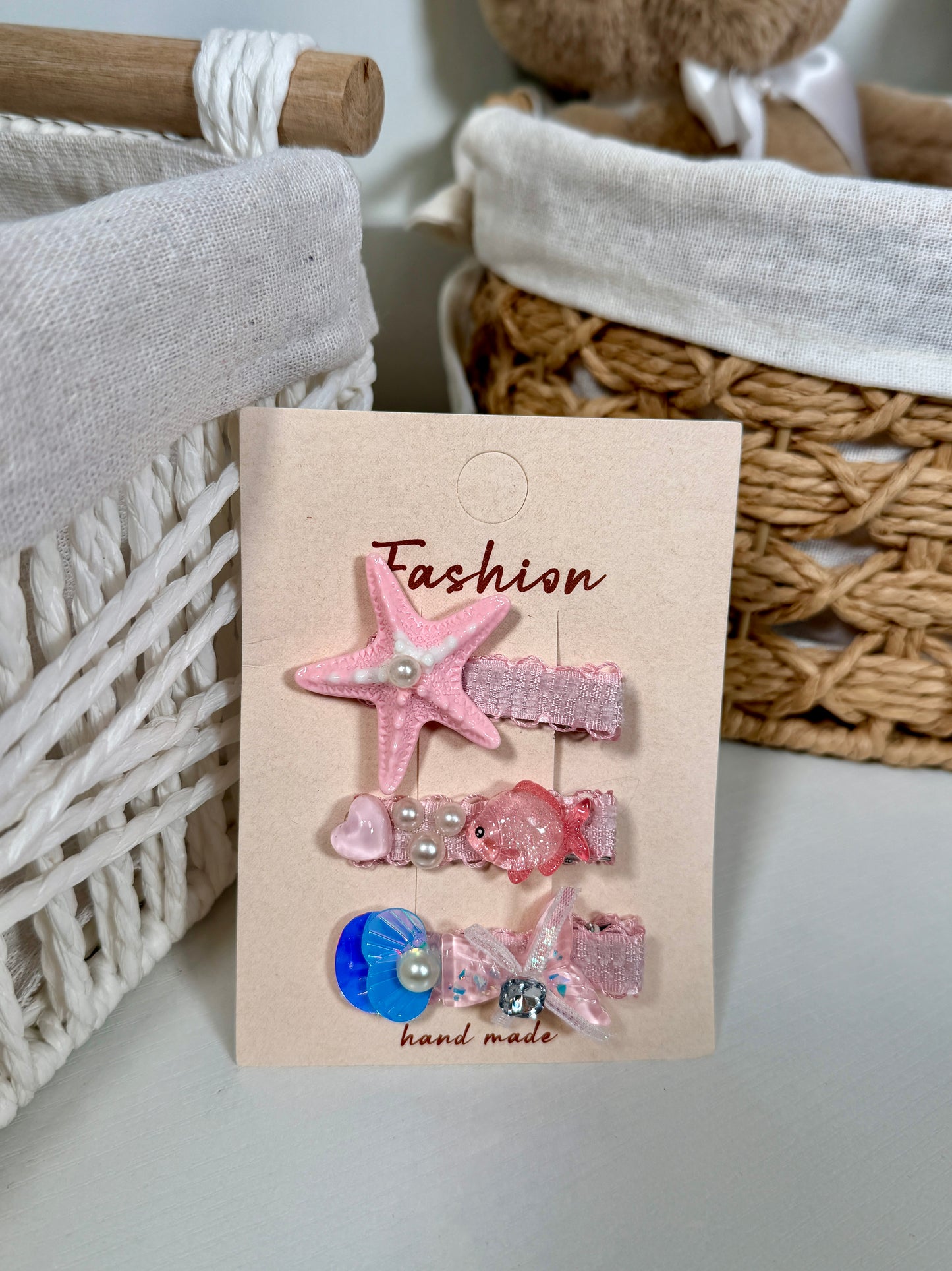 Handmade Starfish & Shell Hair Clip Set – 3 Piece Sparkle Ocean Hair Pins for Girls – Pastel Mermaid Core Hair Accessories