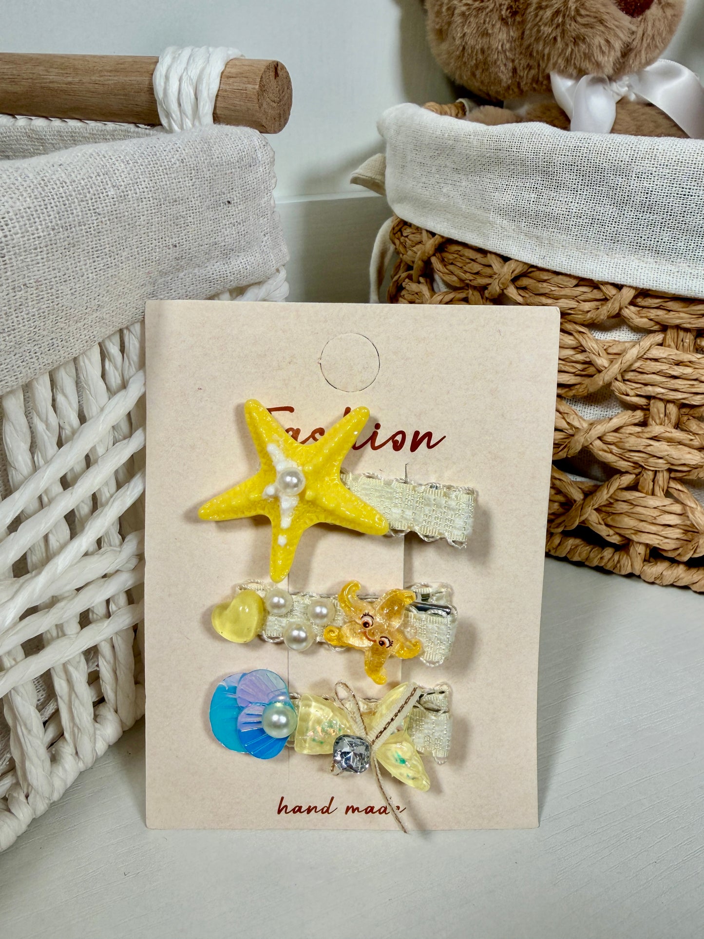 Handmade Starfish & Shell Hair Clip Set – 3 Piece Sparkle Ocean Hair Pins for Girls – Pastel Mermaid Core Hair Accessories
