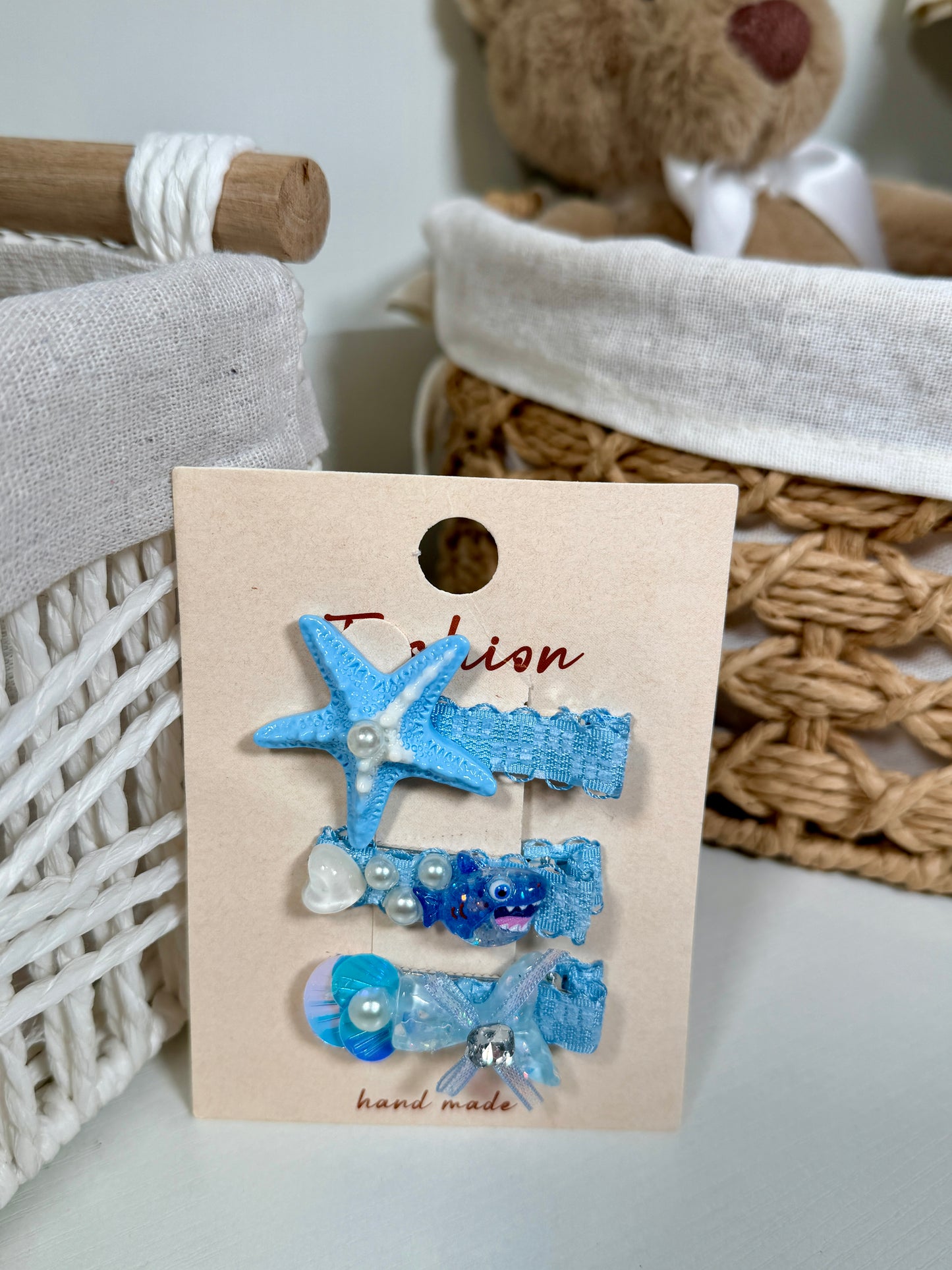 Handmade Starfish & Shell Hair Clip Set – 3 Piece Sparkle Ocean Hair Pins for Girls – Pastel Mermaid Core Hair Accessories