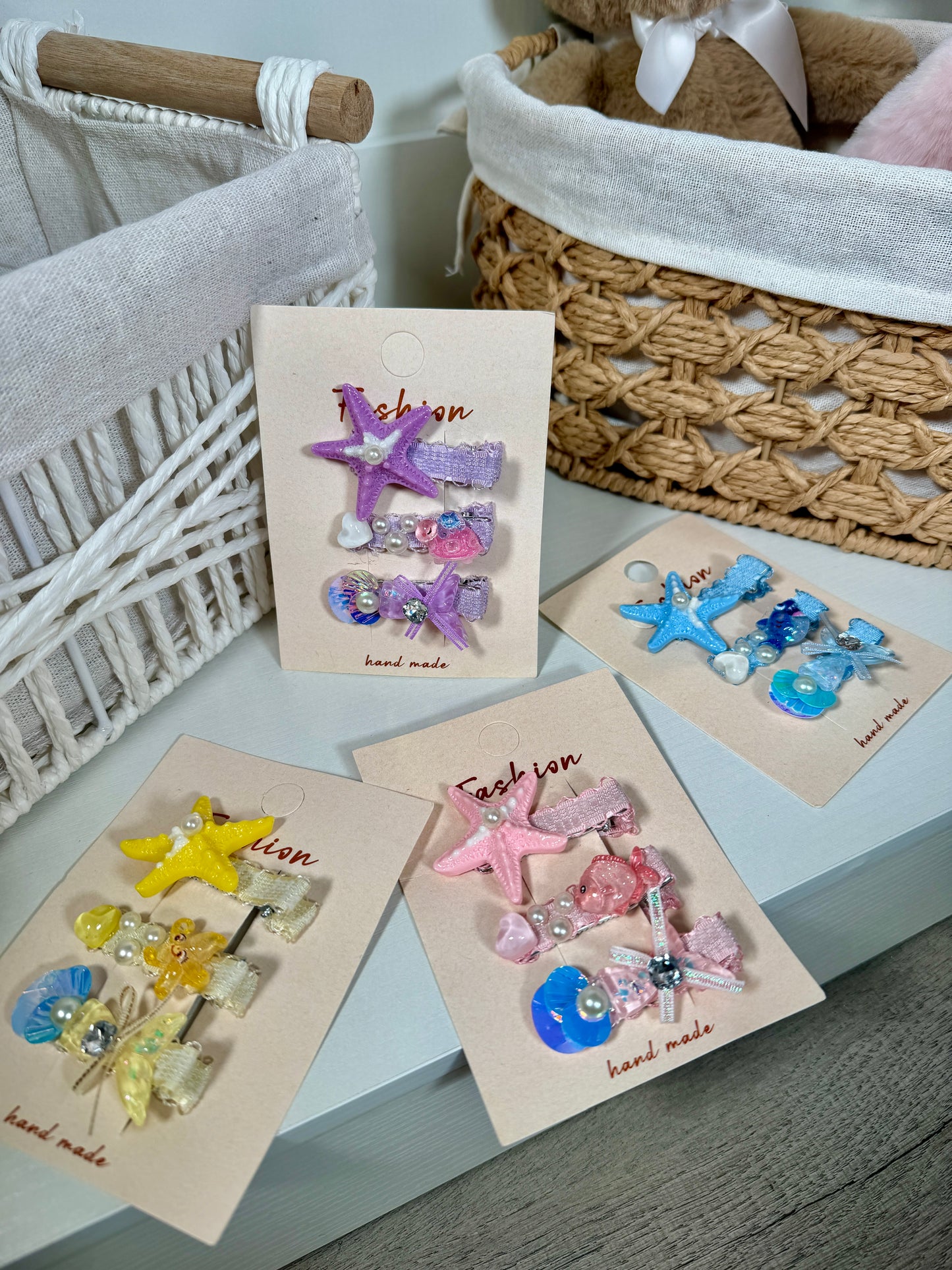 Handmade Starfish & Shell Hair Clip Set – 3 Piece Sparkle Ocean Hair Pins for Girls – Pastel Mermaid Core Hair Accessories