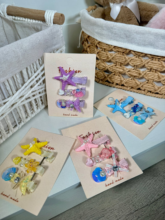 Handmade Starfish & Shell Hair Clip Set – 3 Piece Sparkle Ocean Hair Pins for Girls – Pastel Mermaid Core Hair Accessories