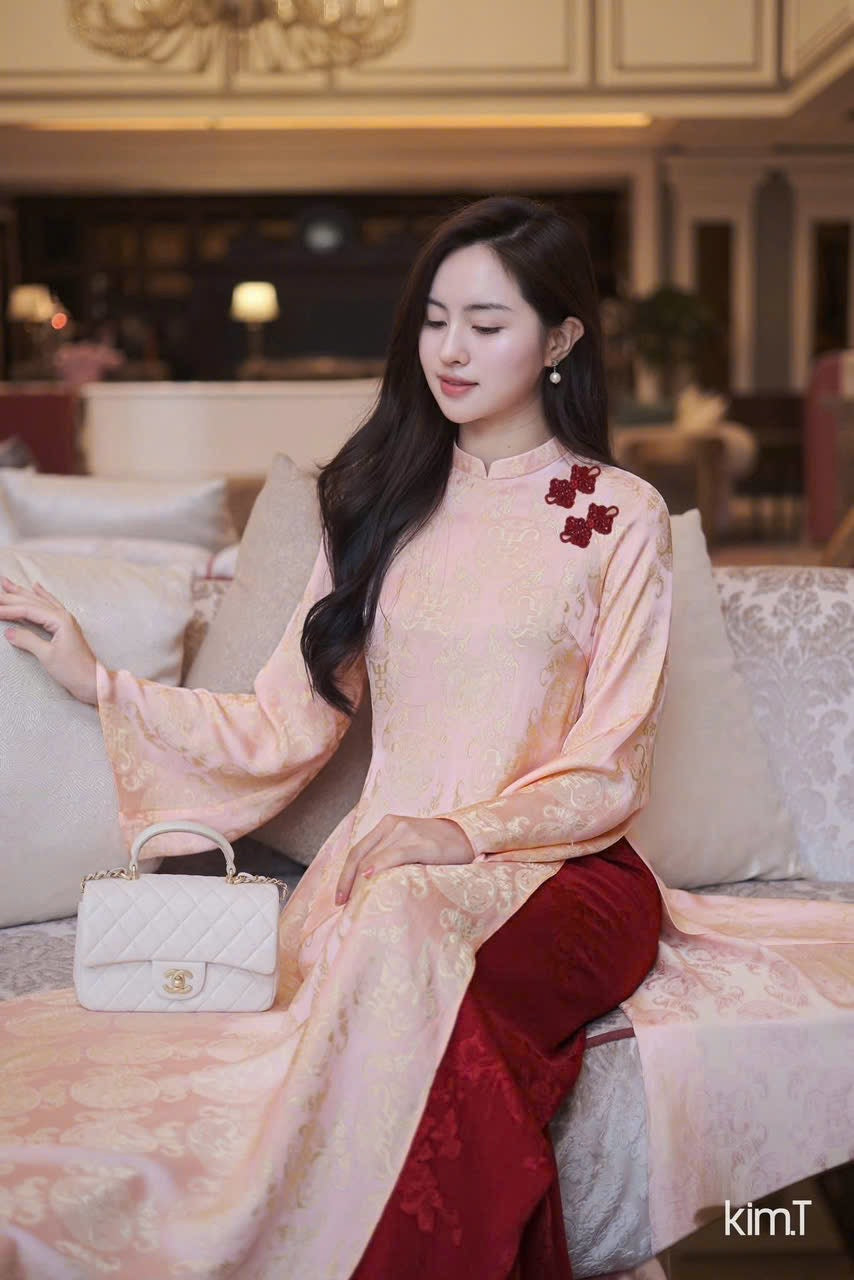 Orange Ao Dai with Red pants, Women's Lunar New Year and Wedding Guess outfit - Traditional Vietnamese Dress