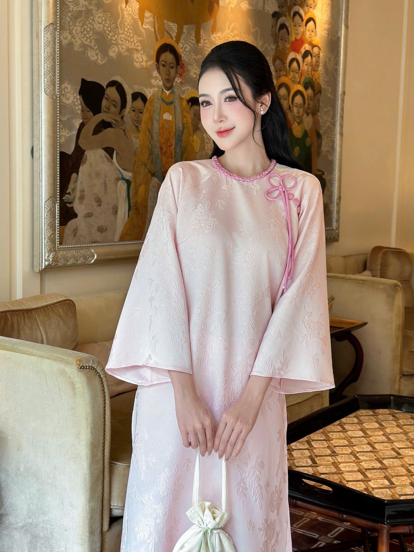 Modern Pink Ao Dai with Pants - Long Dress - Lunar New Year | Việt Phục | Wedding Guest dress - Ao dai cach tan