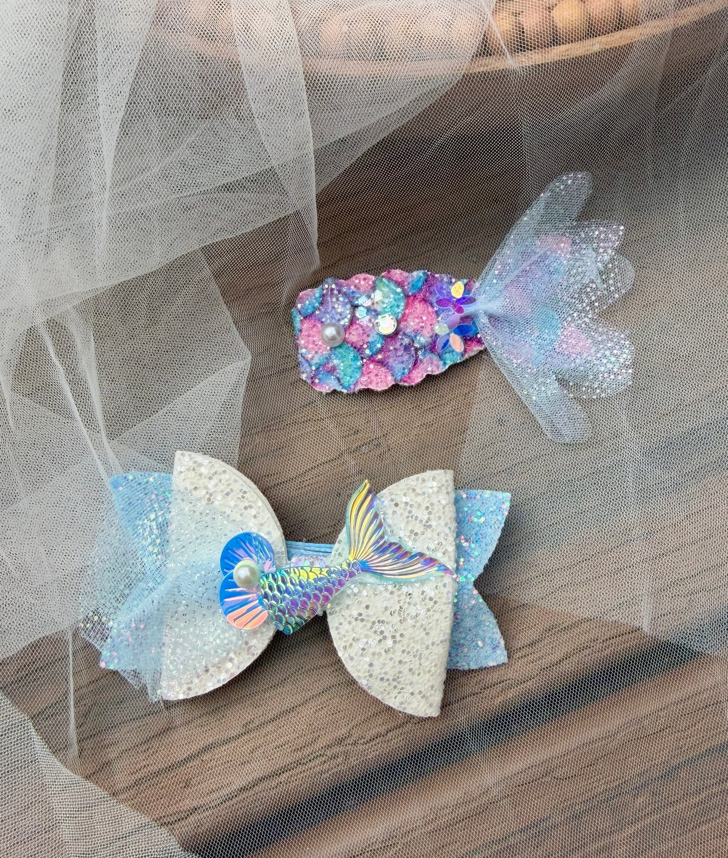 Mermaid Tail Hair Clip Set | Pick a Pair of Iridescent Sequin Bows | Sparkly Under the Sea Toddler Accessories