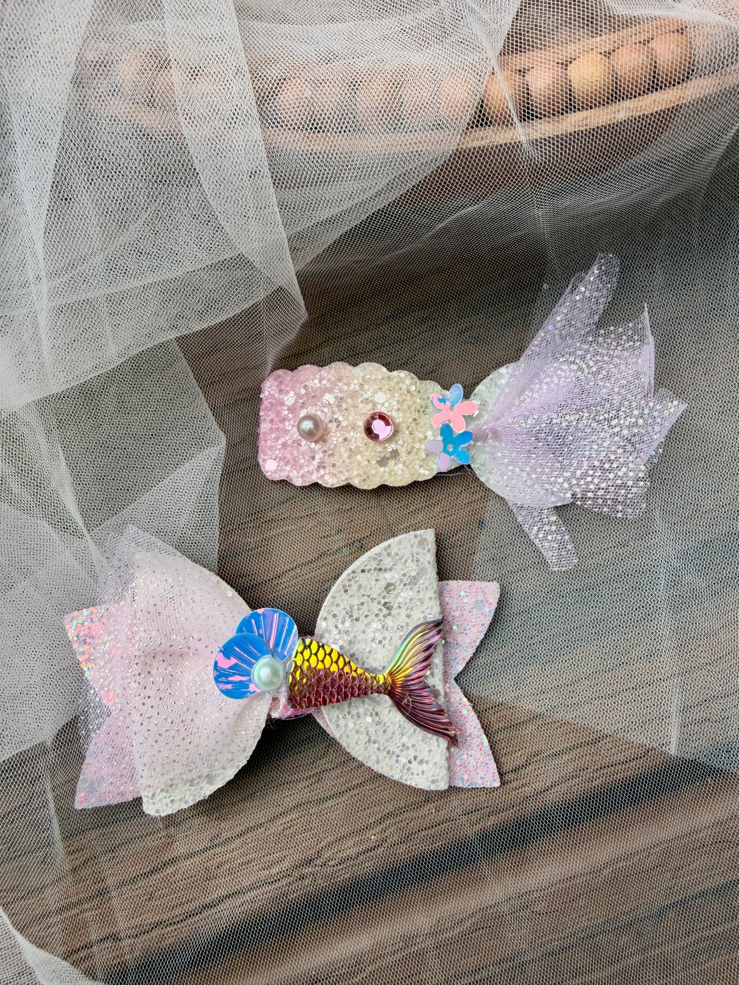 Mermaid Tail Hair Clip Set | Pick a Pair of Iridescent Sequin Bows | Sparkly Under the Sea Toddler Accessories