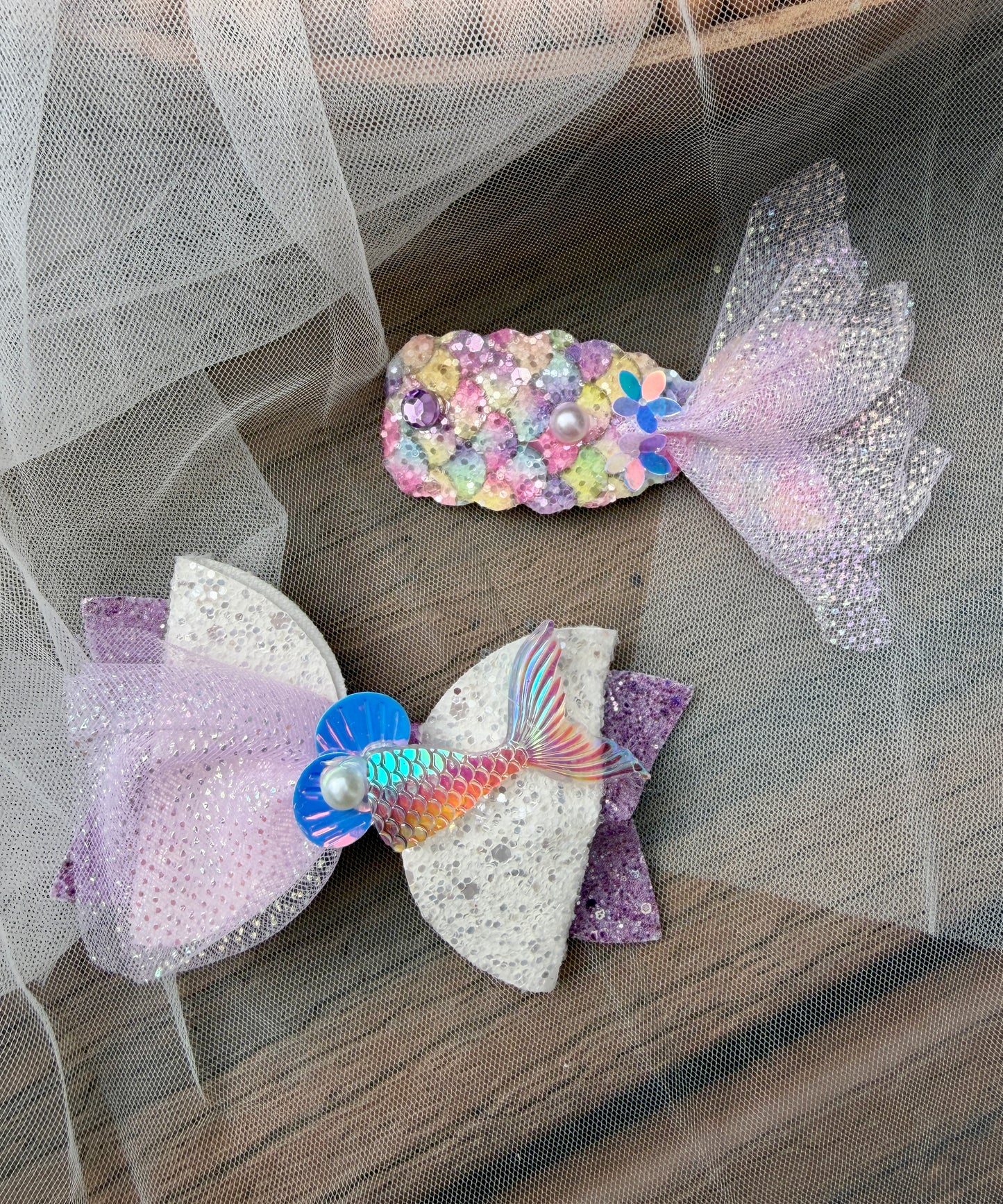 Mermaid Tail Hair Clip Set | Pick a Pair of Iridescent Sequin Bows | Sparkly Under the Sea Toddler Accessories