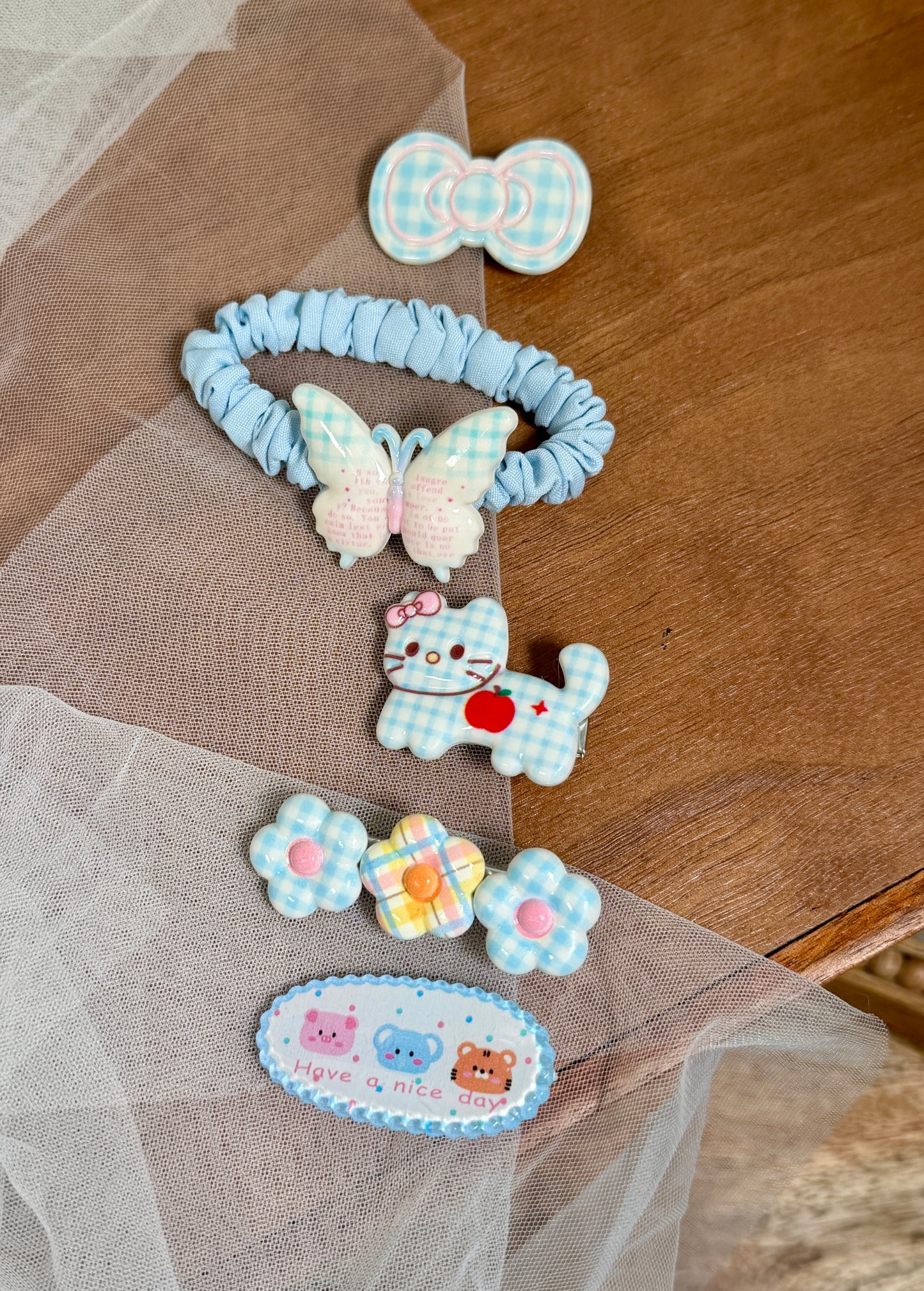 Pastel Butterfly & Cat Hair Clips Set | 5-Piece Scrunchies, Bows, Stars, Hearts