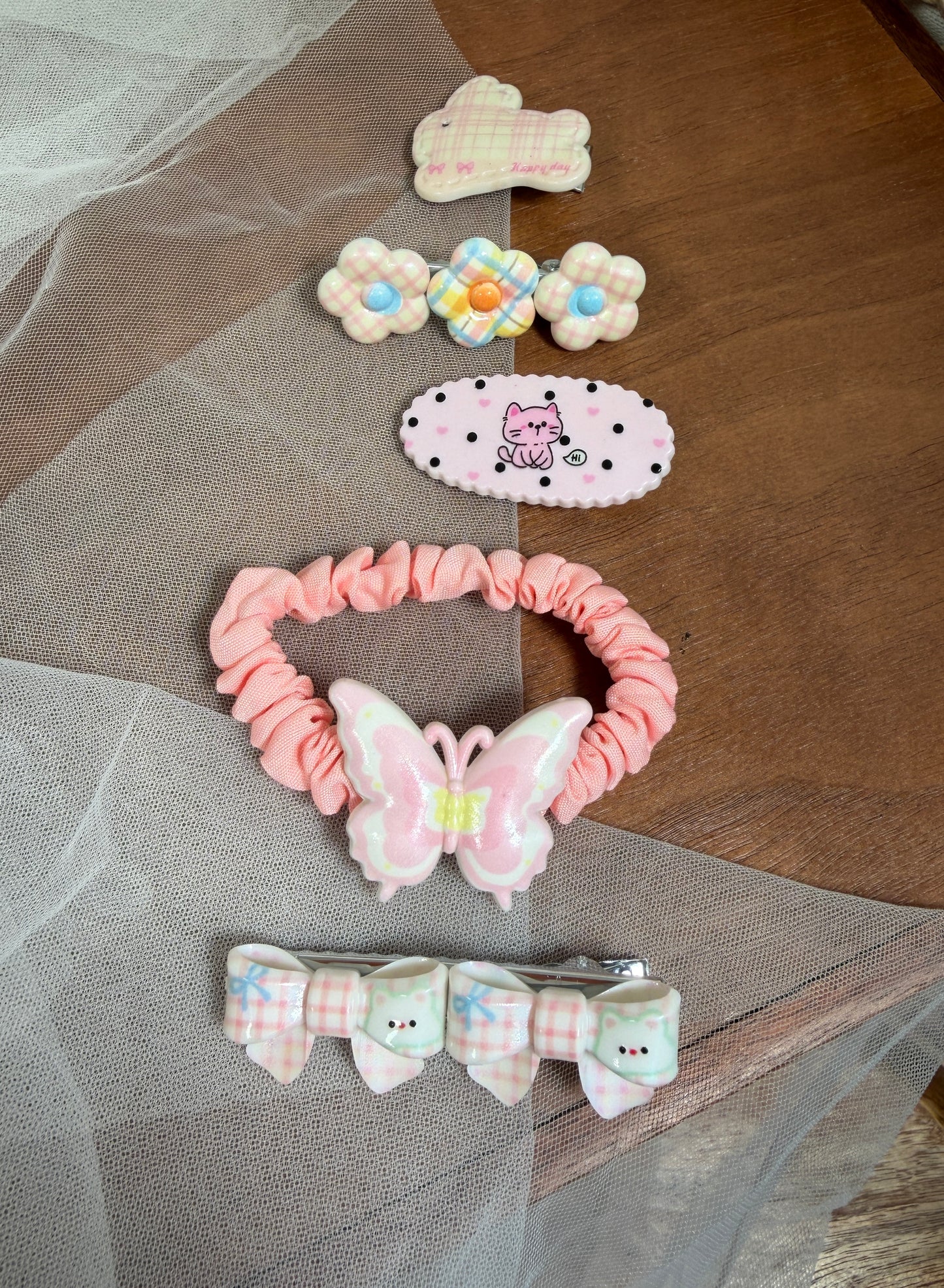 Pastel Butterfly & Cat Hair Clips Set | 5-Piece Scrunchies, Bows, Stars, Hearts