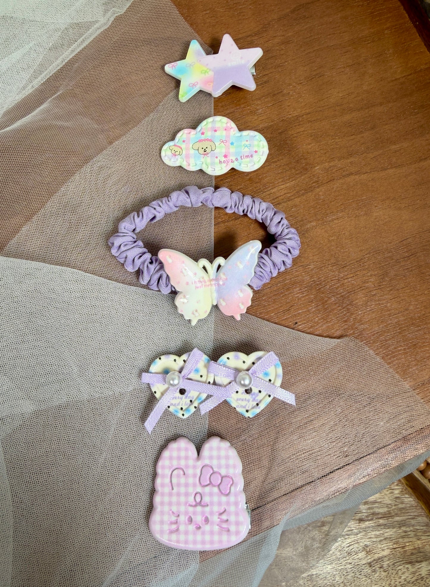 Pastel Butterfly & Cat Hair Clips Set | 5-Piece Scrunchies, Bows, Stars, Hearts