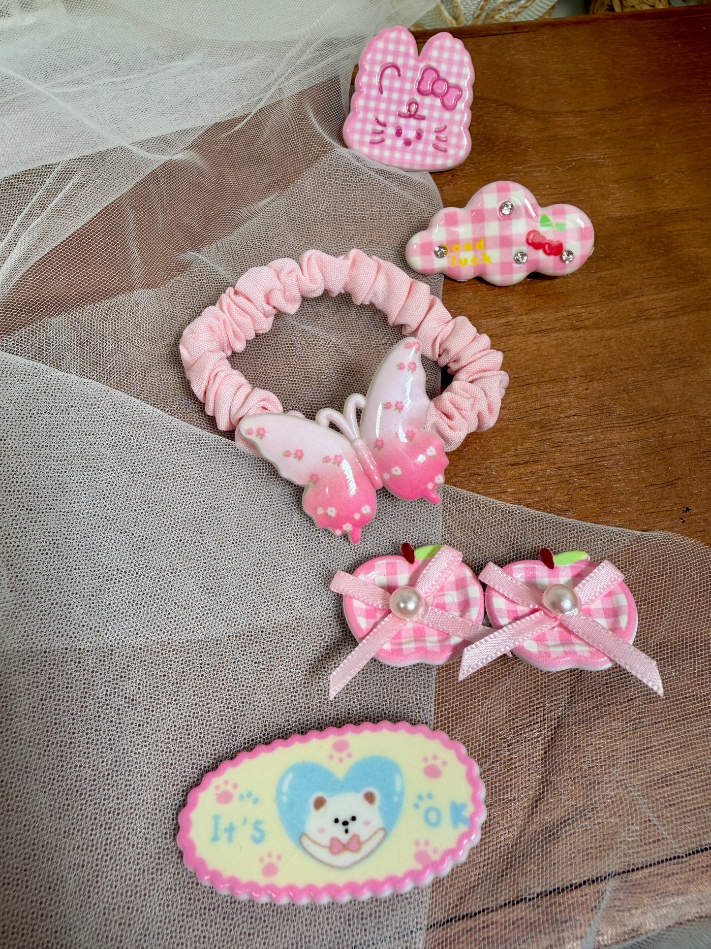 Pastel Butterfly & Cat Hair Clips Set | 5-Piece Scrunchies, Bows, Stars, Hearts
