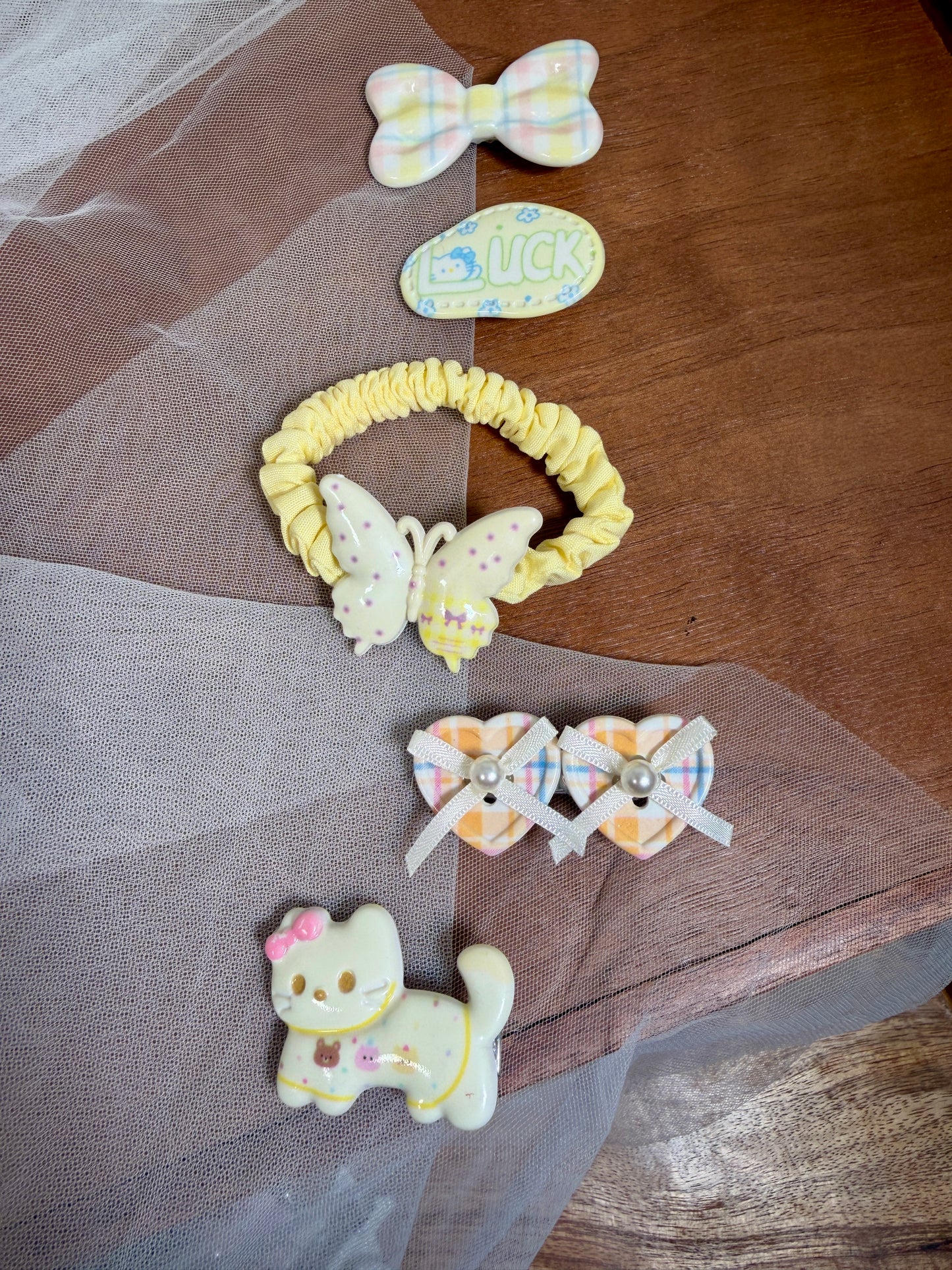 Pastel Butterfly & Cat Hair Clips Set | 5-Piece Scrunchies, Bows, Stars, Hearts