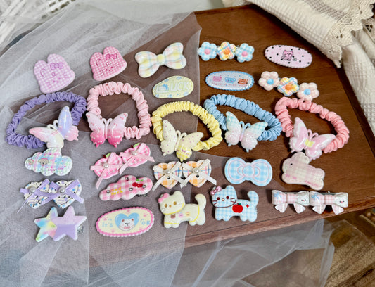 Pastel Butterfly & Cat Hair Clips Set | 5-Piece Scrunchies, Bows, Stars, Hearts