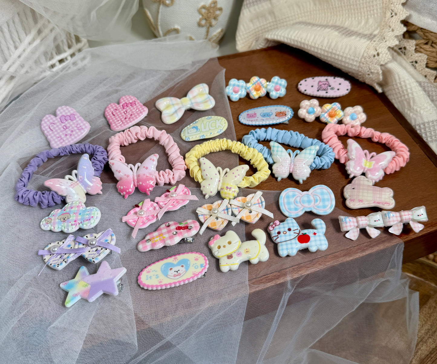 Pastel Butterfly & Cat Hair Clips Set | 5-Piece Scrunchies, Bows, Stars, Hearts
