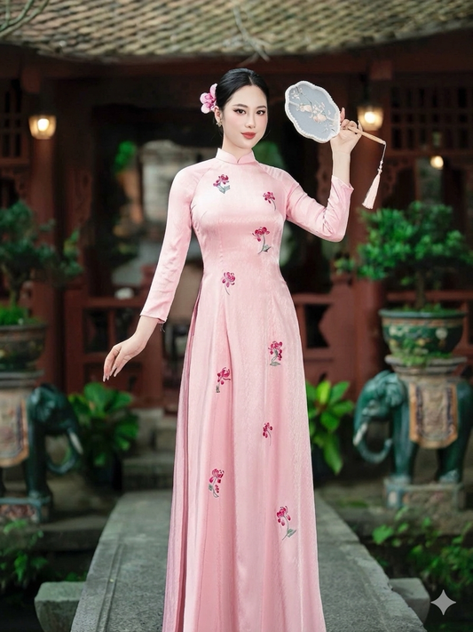 Floral Embroidery Ao Dai, Pink Long Dress for Women, Traditional Ao Dai with pants for Lunar New Year Wedding Guest Dress