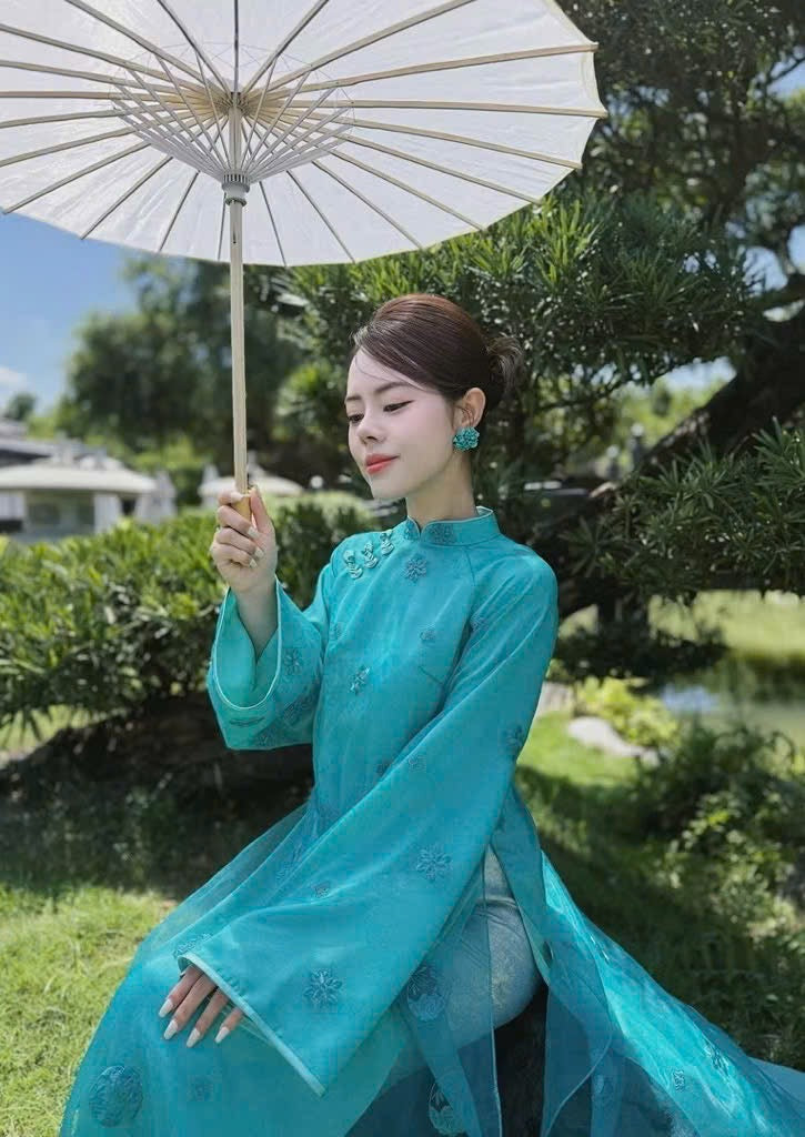 Pastel Teal Organza Ao Dai with Pants • Vietnamese Ao Dai Set for Women • Lunar New Year & Wedding Guest Việt Phục