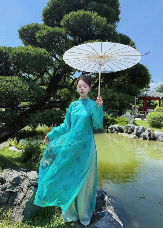 Pastel Teal Organza Ao Dai with Pants • Vietnamese Ao Dai Set for Women • Lunar New Year & Wedding Guest Việt Phục