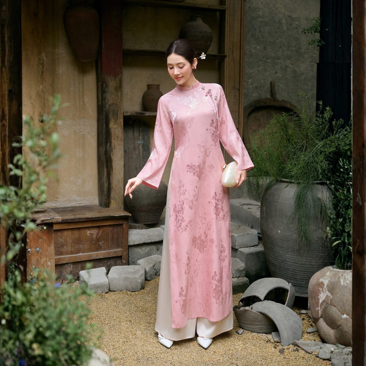 Modern Pink Silk Ao Dai Set with Pants| Long Dress for women | Lunar New year and Wedding Guess outfit