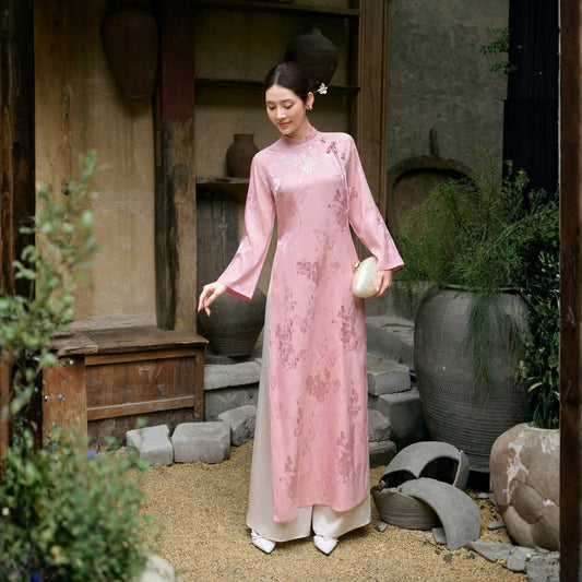 Modern Pink Silk Ao Dai Set with Pants| Long Dress for women | Lunar New year and Wedding Guess outfit
