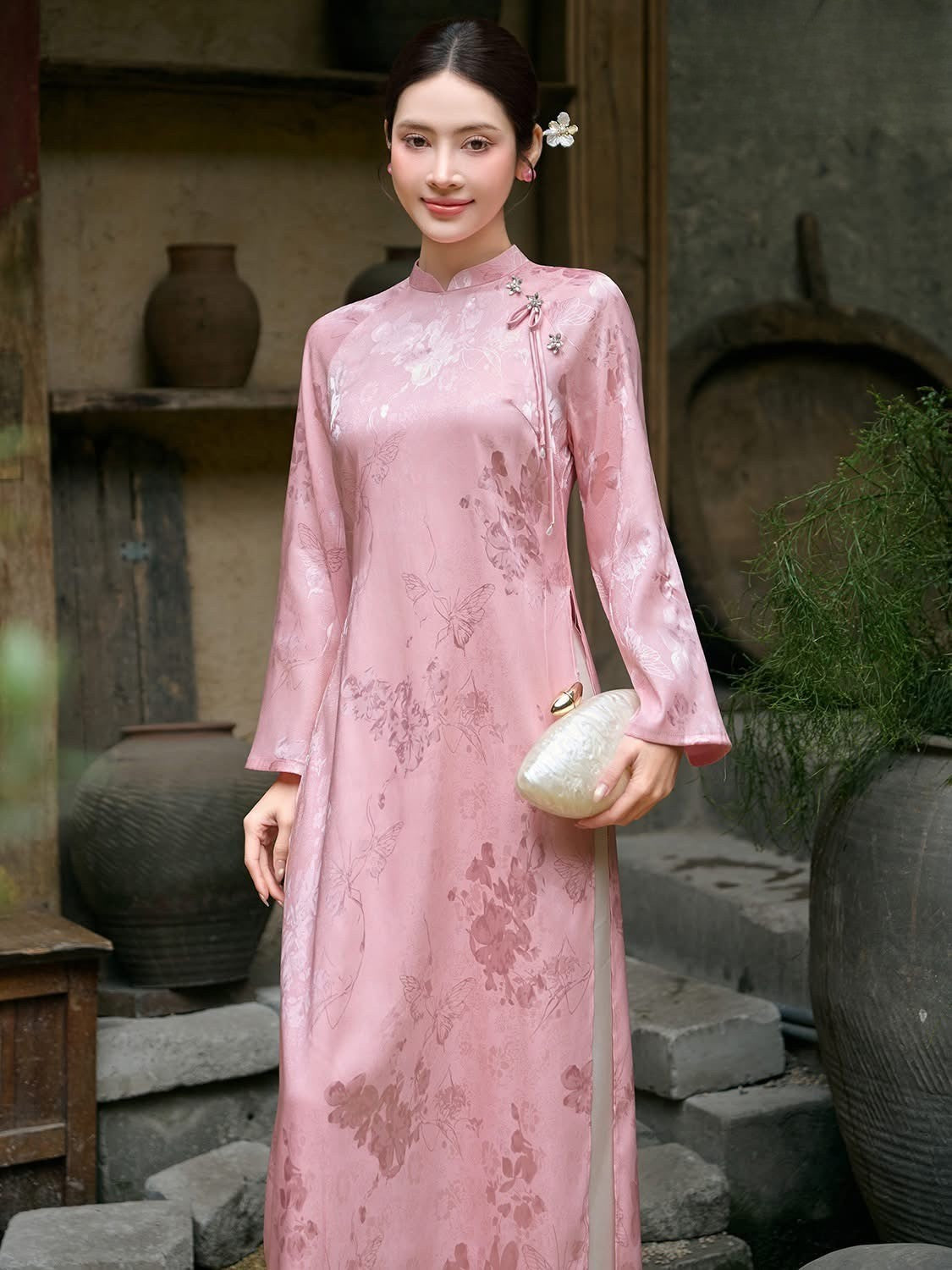 Modern Pink Silk Ao Dai Set with Pants| Long Dress for women | Lunar New year and Wedding Guess outfit