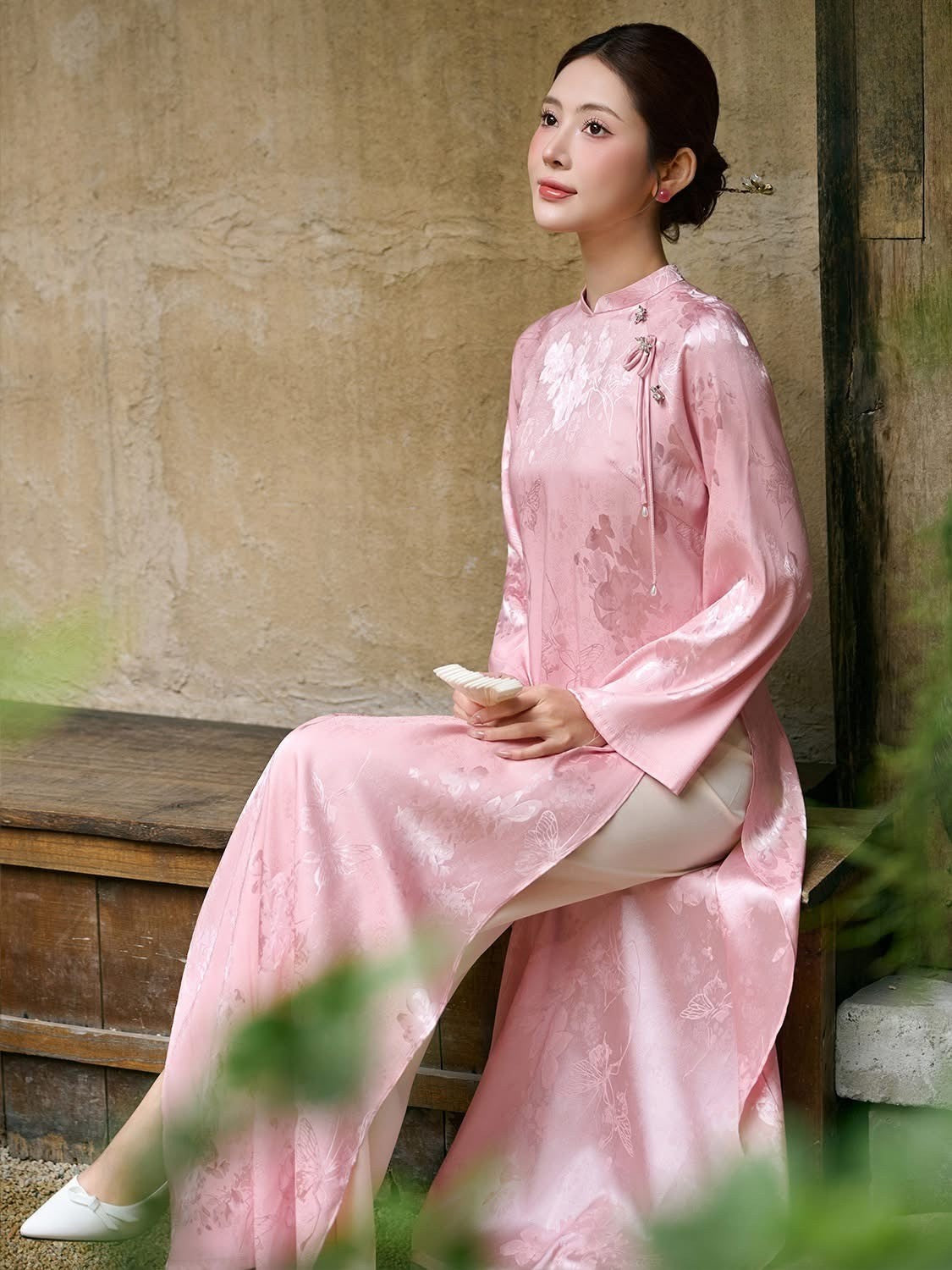 Modern Pink Silk Ao Dai Set with Pants| Long Dress for women | Lunar New year and Wedding Guess outfit