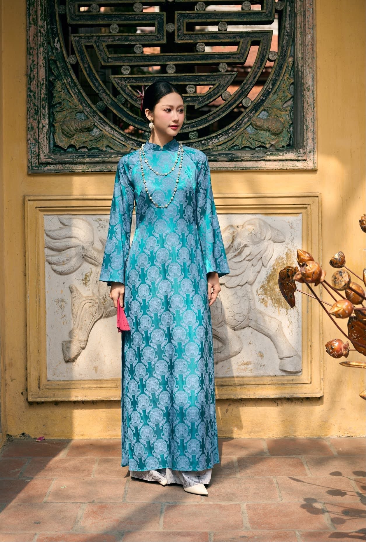 Áo Dài Set for Women - Traditional Vietnamese Dress in Teal Blue & Silver Grey | Wedding Guest, Tết - Tea Ceremony Outfit