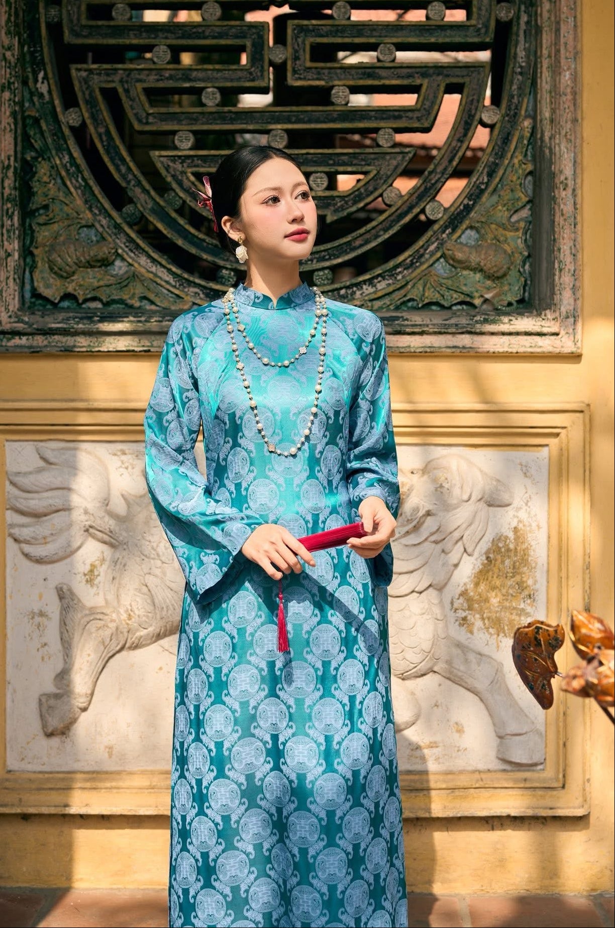 Áo Dài Set for Women - Traditional Vietnamese Dress in Teal Blue & Silver Grey | Wedding Guest, Tết - Tea Ceremony Outfit