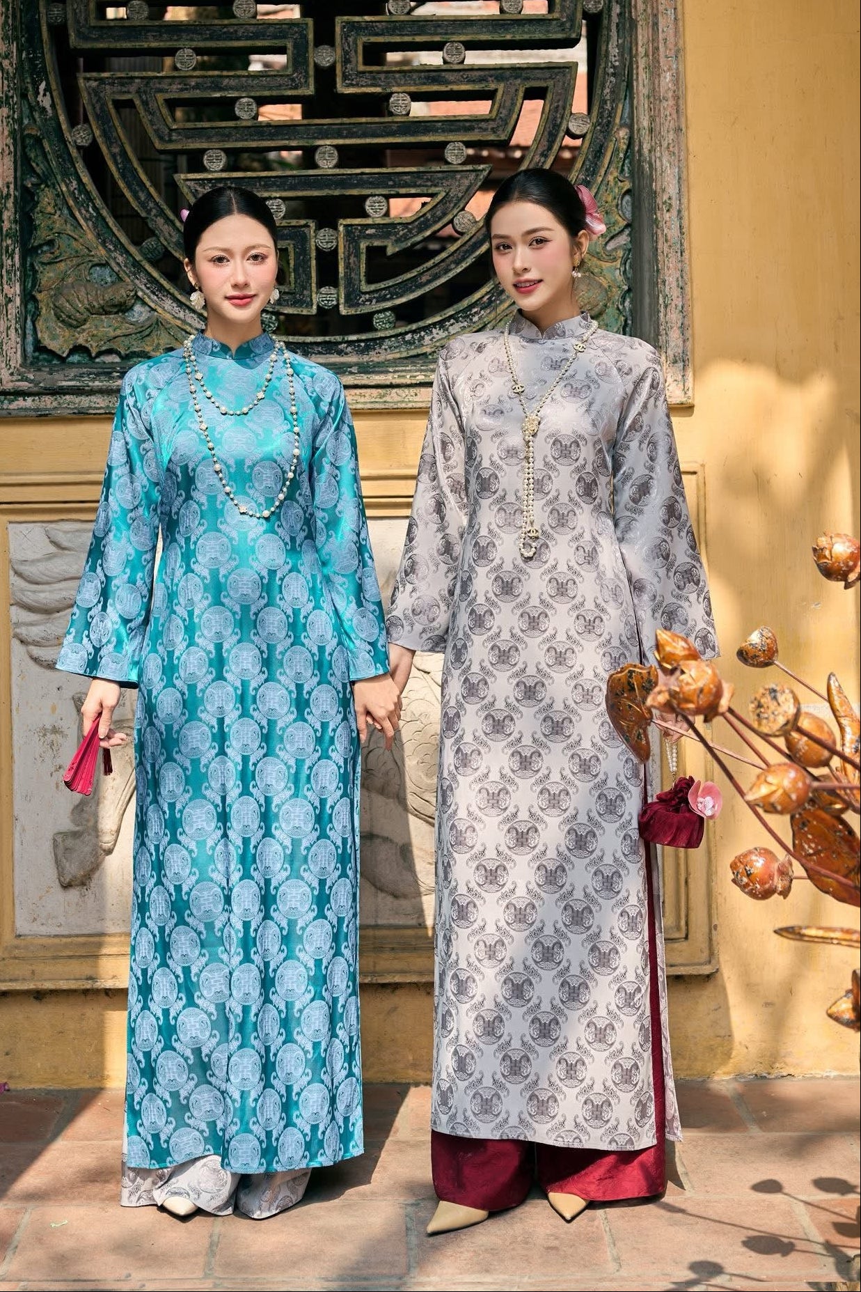 Áo Dài Set for Women - Traditional Vietnamese Dress in Teal Blue & Silver Grey | Wedding Guest, Tết - Tea Ceremony Outfit