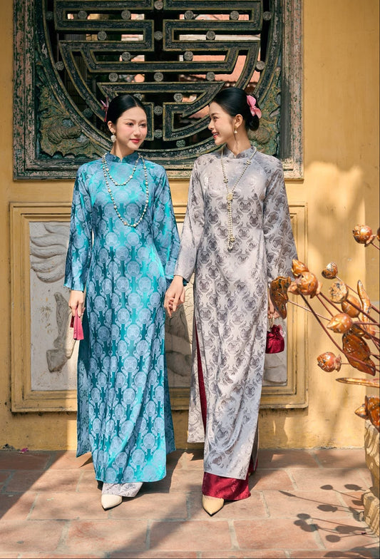 Áo Dài Set for Women - Traditional Vietnamese Dress in Teal Blue & Silver Grey | Wedding Guest, Tết - Tea Ceremony Outfit